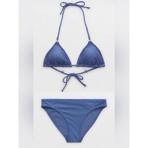 NWT Aerie FULL SET Shine Rib String Triangle + Full Coverage Bottom Marbled Blue